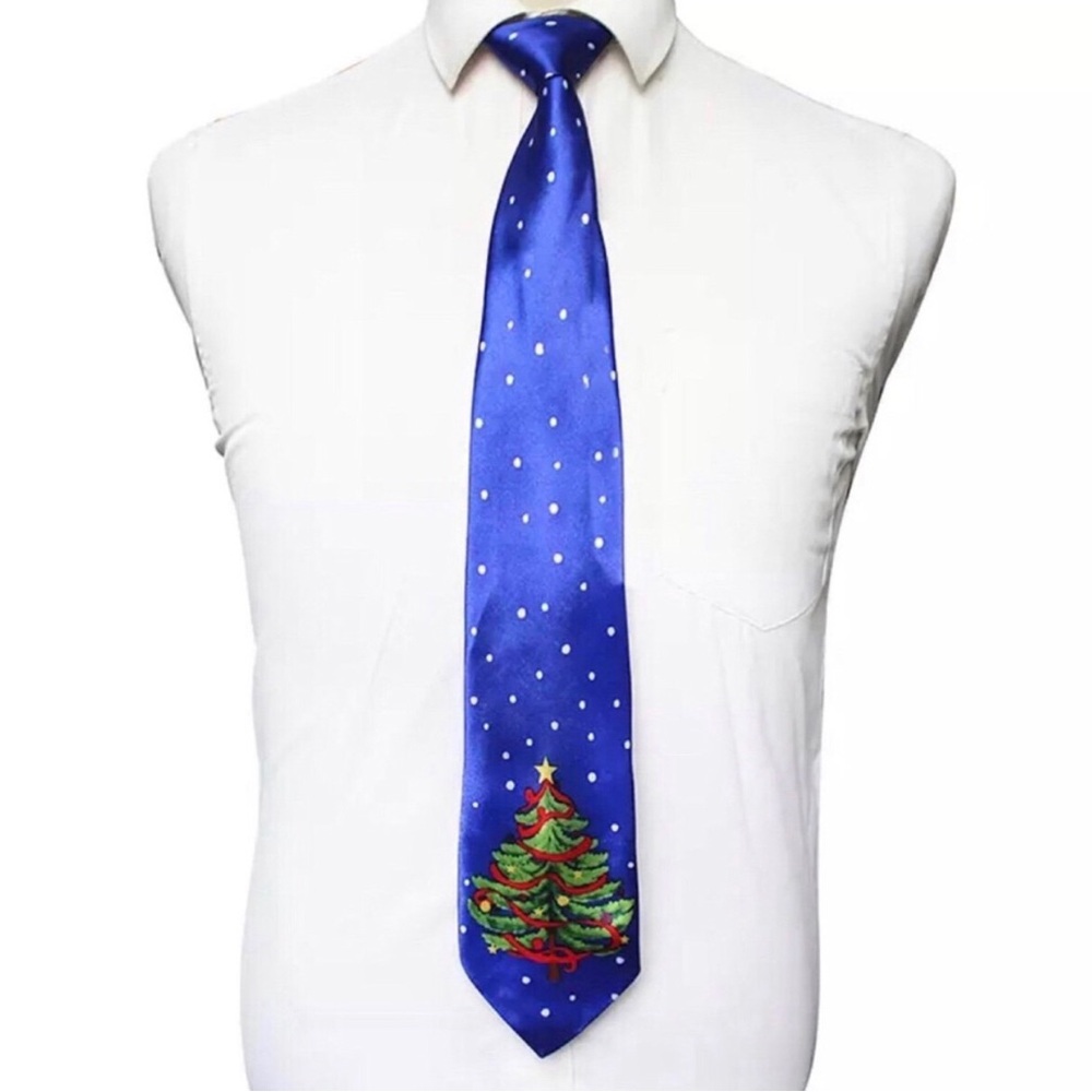 Men's Blue Christmas Tree Tie - Holiday Necktie